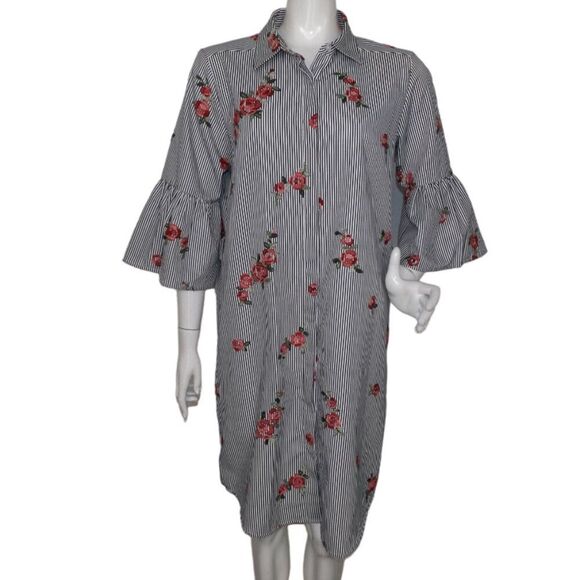 CALVIN KLEIN Shirt Dress, 12, Stripe, Embroidered Floral, Black/White, Bell cuff - Picture 1 of 14